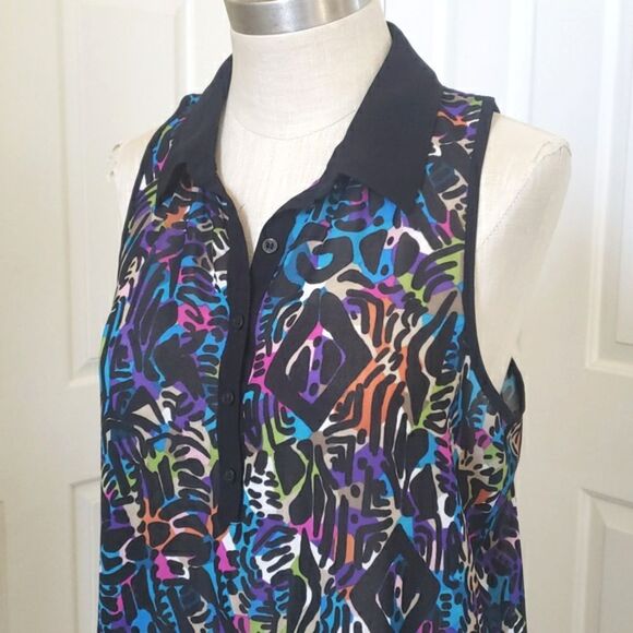 🔴 NICOLE MILLER Sleeveless Collared Top Tunic Colorful Black Bold Lightweight - Picture 1 of 13